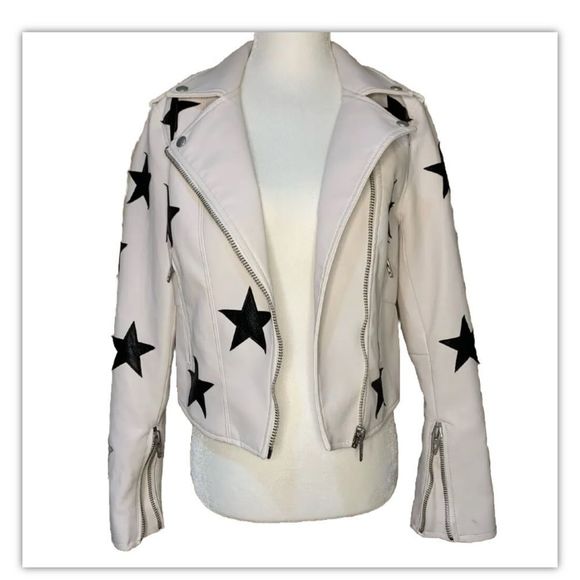 Blank NYC Jackets & Blazers - Blank NYC Vegan Leather White & Black Stars Patch Moto Zip Jacket Women’s Small